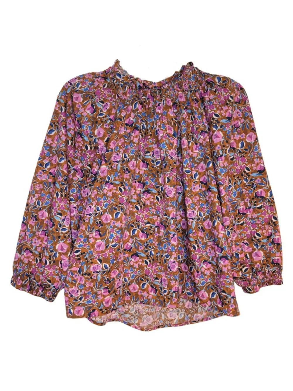 J. Crew Floral Smocked Neck 3/4 Sleeve CottonTop